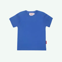 Blue t-shirt with a brand label on a white background
