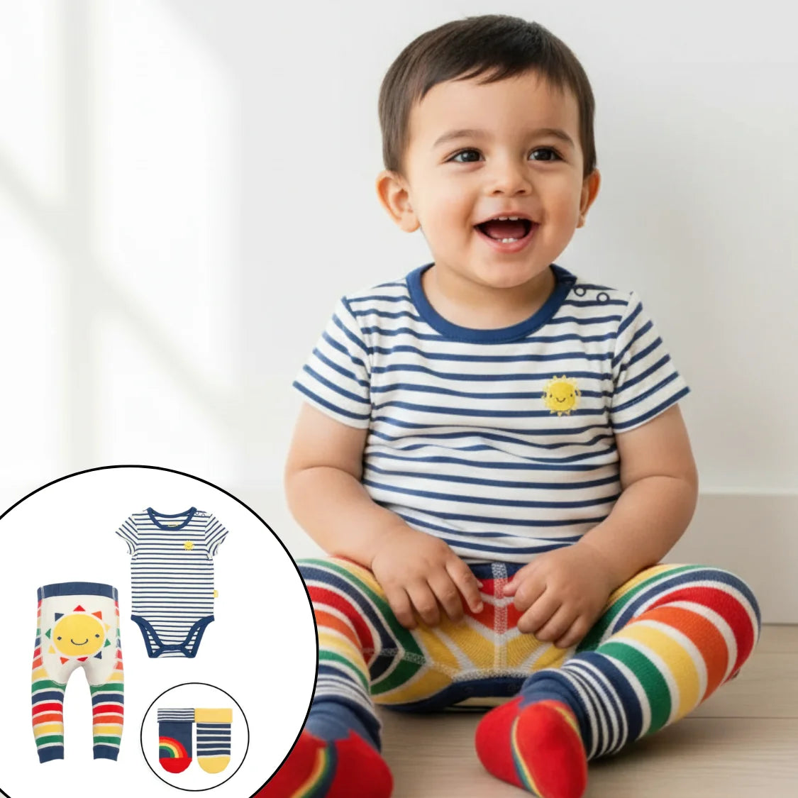 Child wearing a striped shirt and colorful pants with a small inset showing baby onesie and leggings.