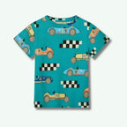 Children's t-shirt with car and checkered pattern on a teal background