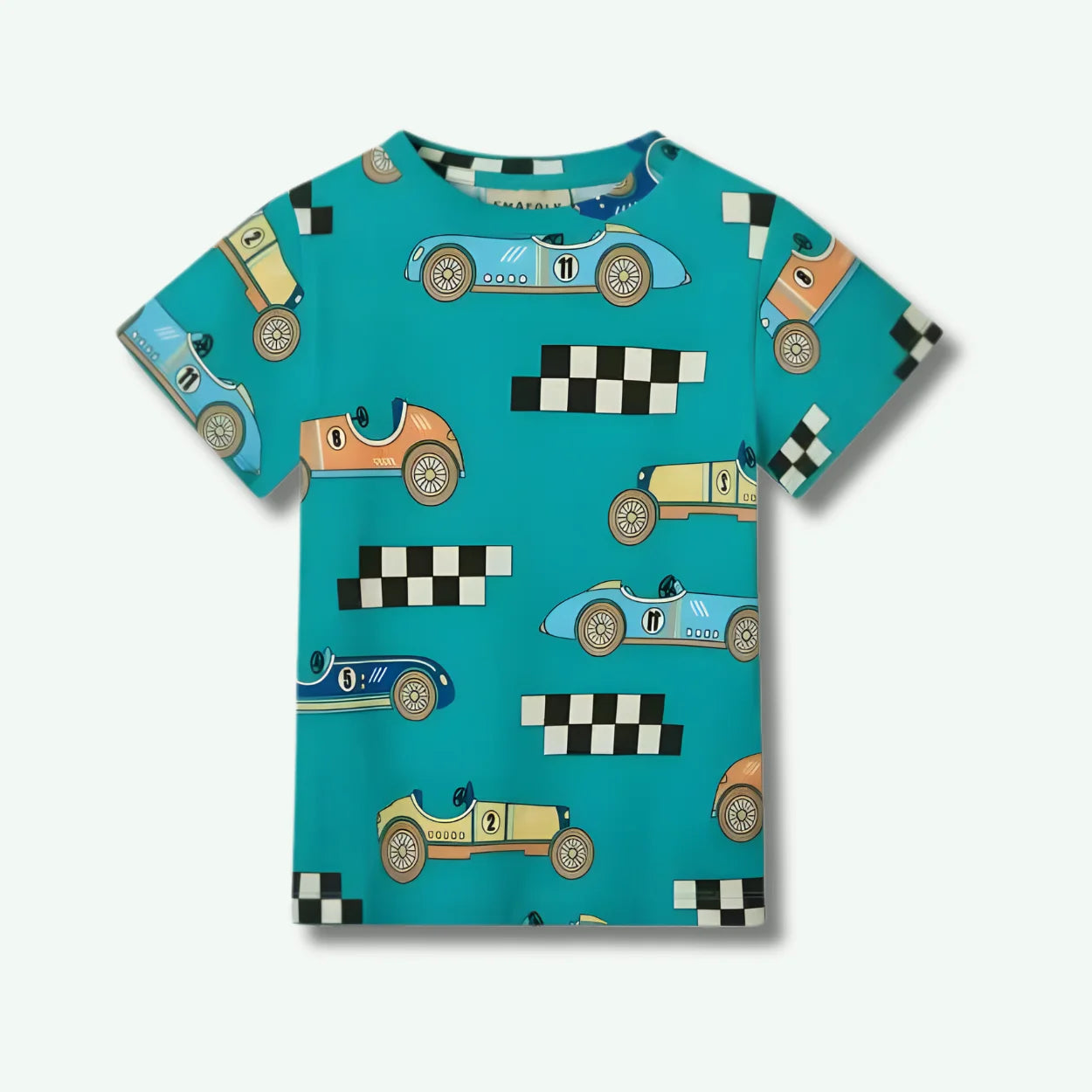 Children's t-shirt with car and checkered pattern on a teal background