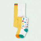 Two pairs of socks, one yellow with colorful stripes and one white with floral patterns, on a light gray background.