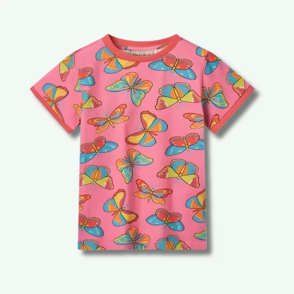 Pink t-shirt with colorful butterfly pattern on a white background
