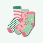 Two pairs of colorful socks with stripes and fruit pattern on a white background
