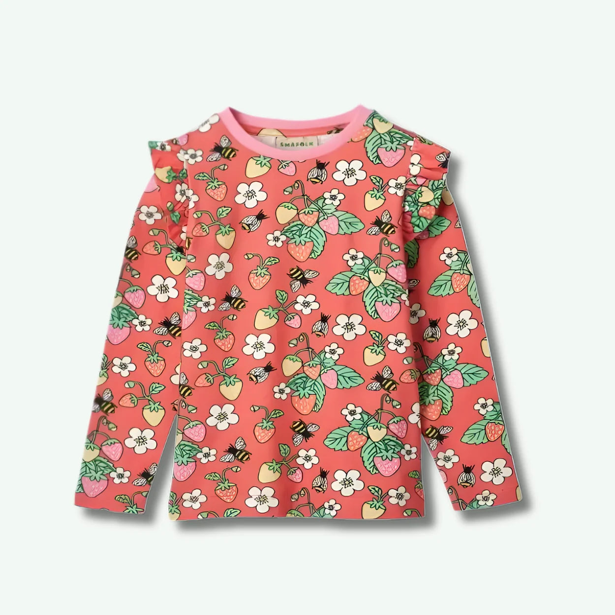 Children's long-sleeve shirt with floral and fruit pattern on a white background