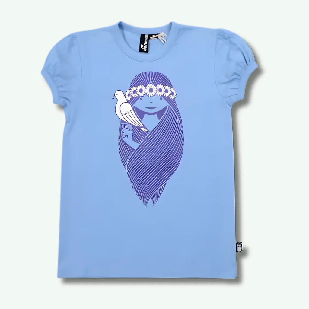 Light blue t-shirt with a graphic design of a woman with a headscarf and dove on a white background