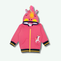 Pink children's hoodie with unicorn design on a white background