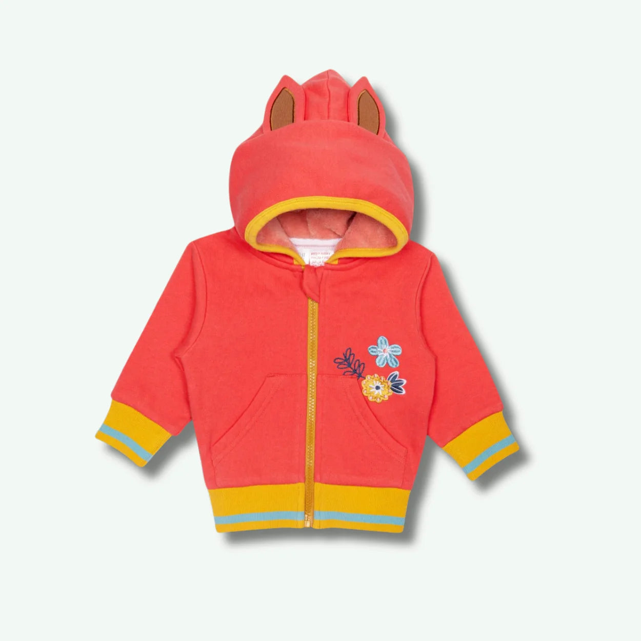 Children's red hoodie with floral design on a light gray background