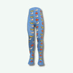 Blue tights with colorful animal pattern on a white background