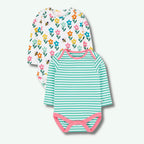 Two baby bodysuits with floral and striped patterns on a white background