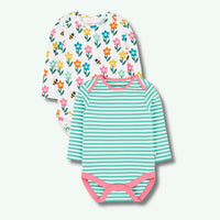 Two baby bodysuits with floral and striped patterns on a white background