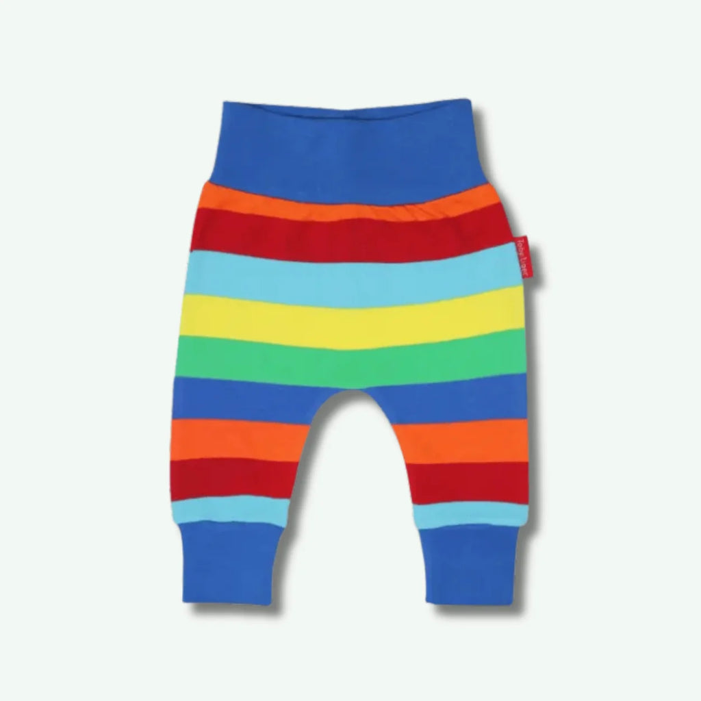 Colorful striped baby leggings on a white background