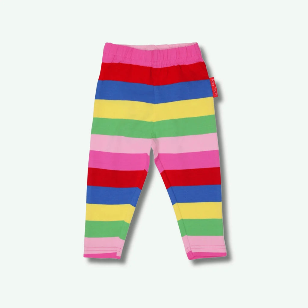 Colorful striped leggings on a light gray background