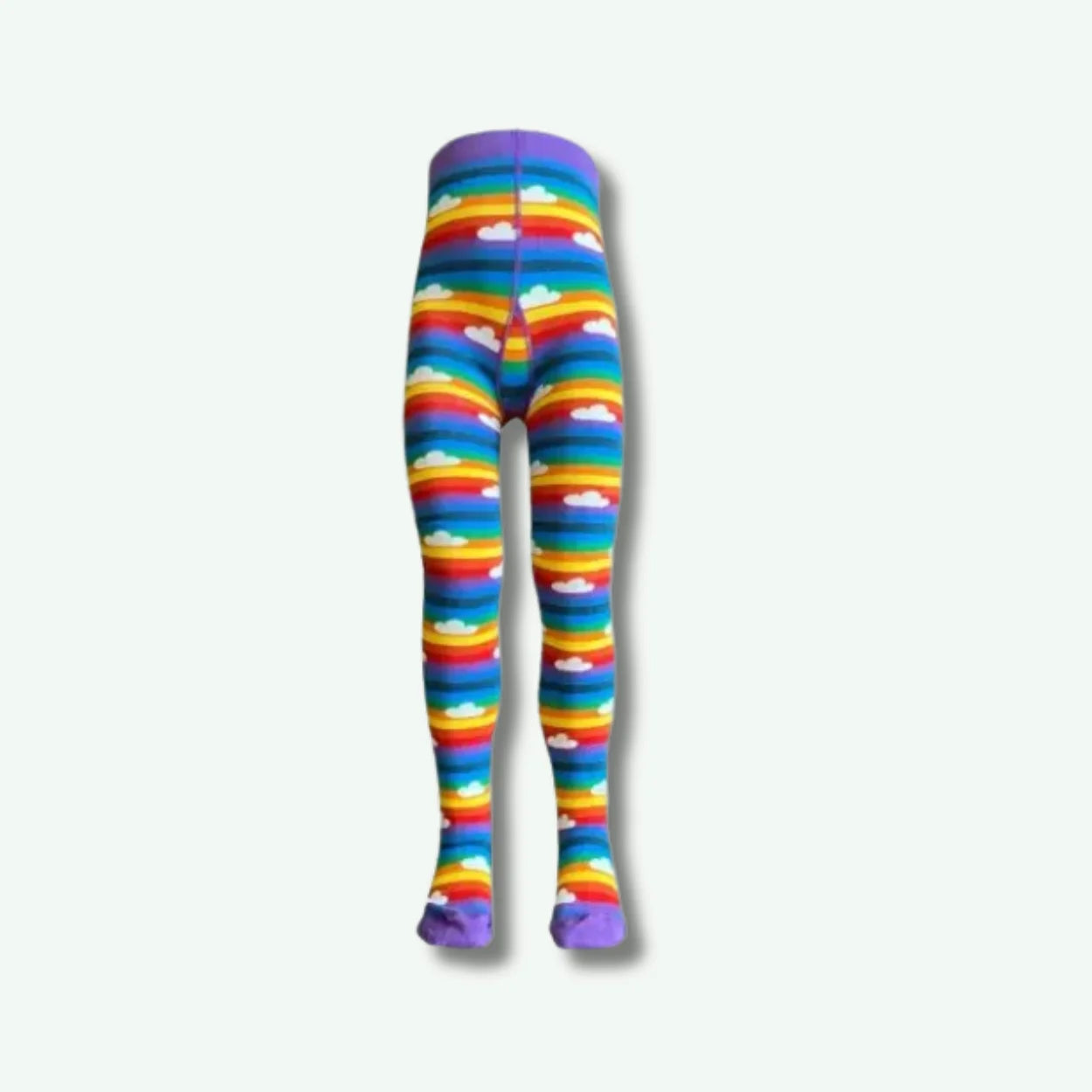 Colorful rainbow-patterned tights on a white background
