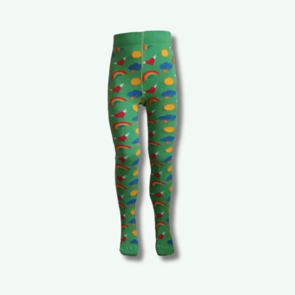 Green tights with colorful rainbows and clouds pattern on a white background