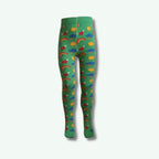 Green tights with colorful rainbows and clouds pattern on a white background