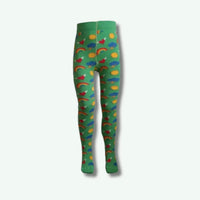 Green tights with colorful rainbows and clouds pattern on a white background