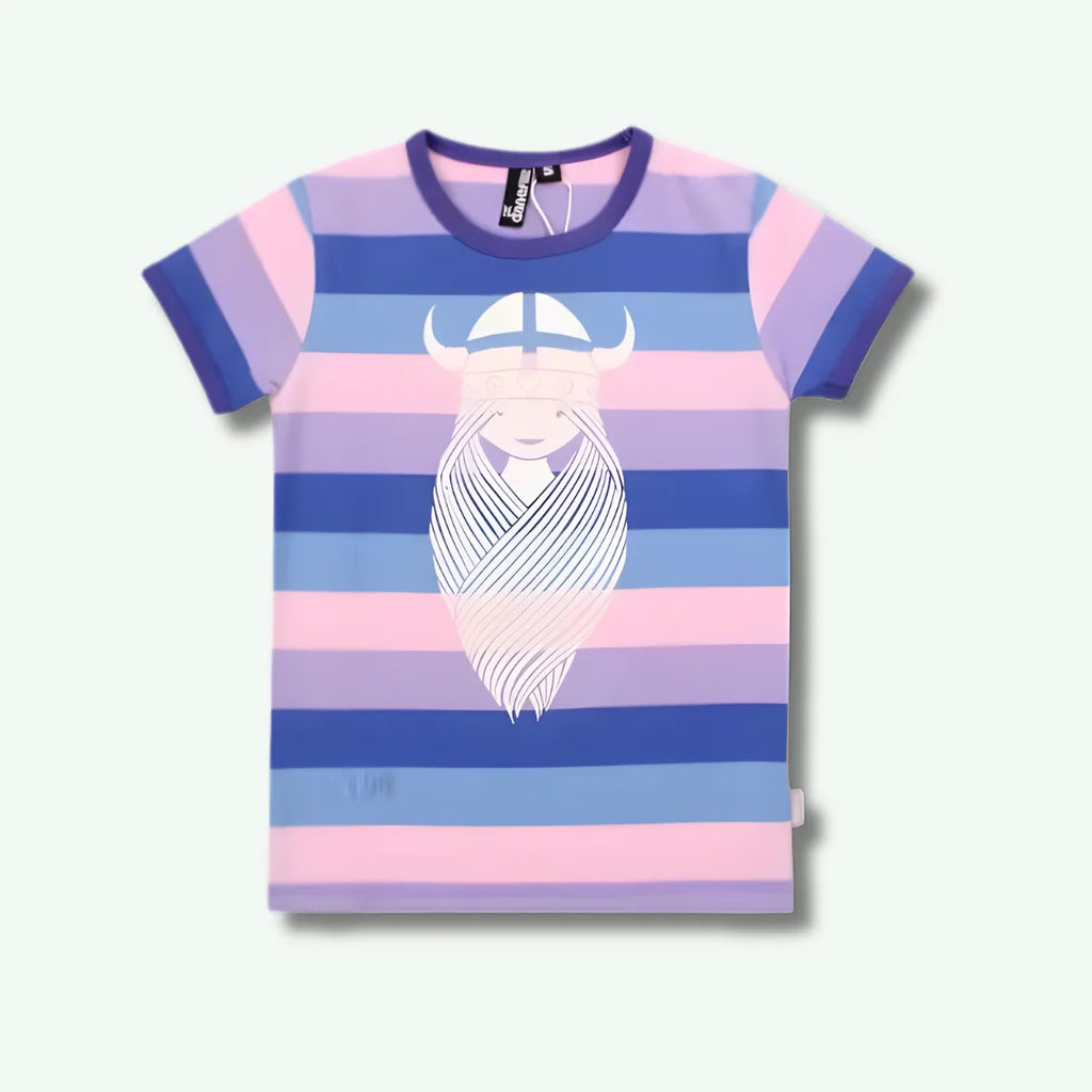 Striped t-shirt with a graphic design on a white background