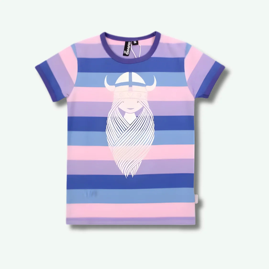 Striped t-shirt with a graphic design on a white background
