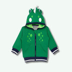 Green children's hoodie with frog design on a white background