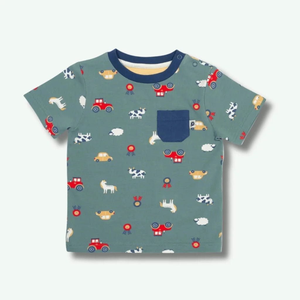 Children's t-shirt with vehicle pattern on a light gray background