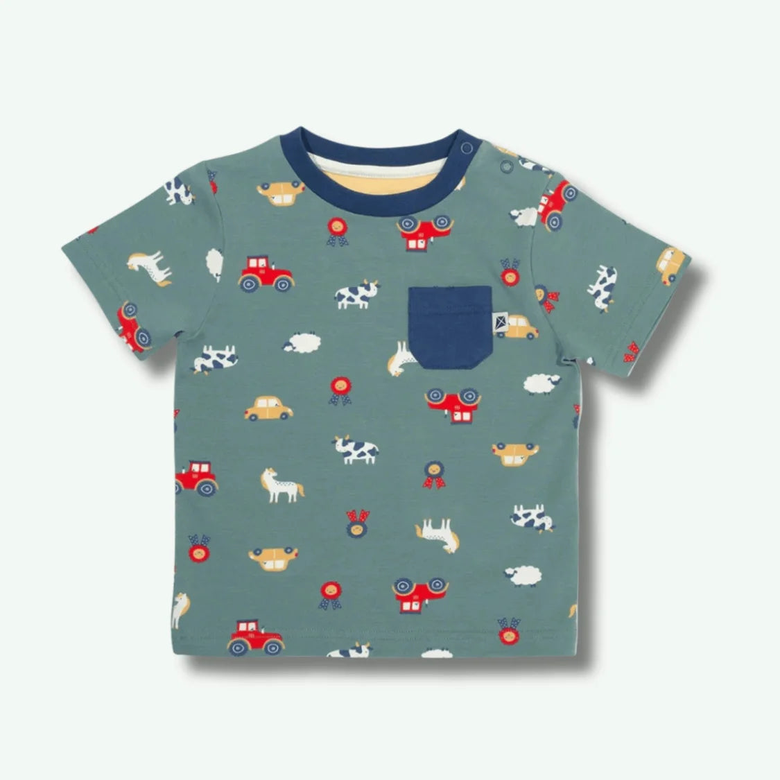 Children's t-shirt with vehicle pattern on a light gray background