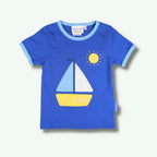 Blue children's t-shirt with sailboat and sun design on a white background