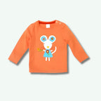 Orange long-sleeve shirt with a cartoon mouse design on a light gray background