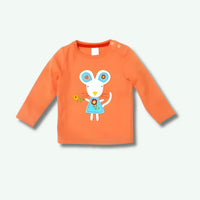 Orange long-sleeve shirt with a cartoon mouse design on a light gray background