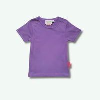 Purple t-shirt with a brand tag on a white background