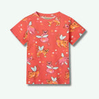 Children's t-shirt with cat and fairy design on a red background
