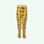Yellow tights with red mushroom pattern on a white background