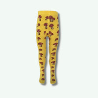 Yellow tights with red mushroom pattern on a white background