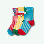 Three colorful children's socks with animal designs on a white background