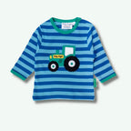Blue and green striped shirt with a tractor design on a white background