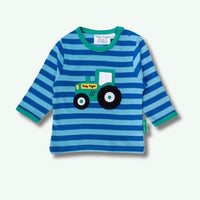 Blue and green striped shirt with a tractor design on a white background
