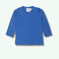 Blue long-sleeve shirt on a light gray background