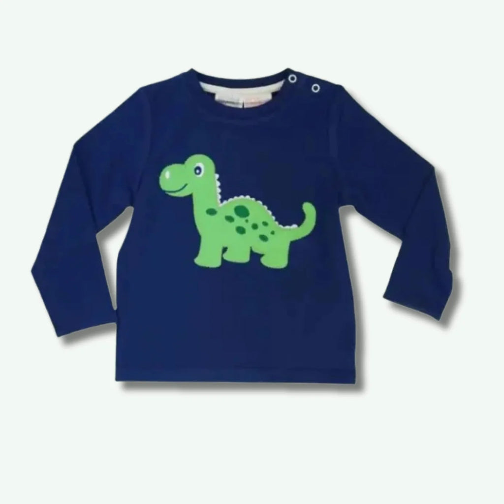 Navy blue long-sleeve shirt with a green dinosaur design on a light gray background