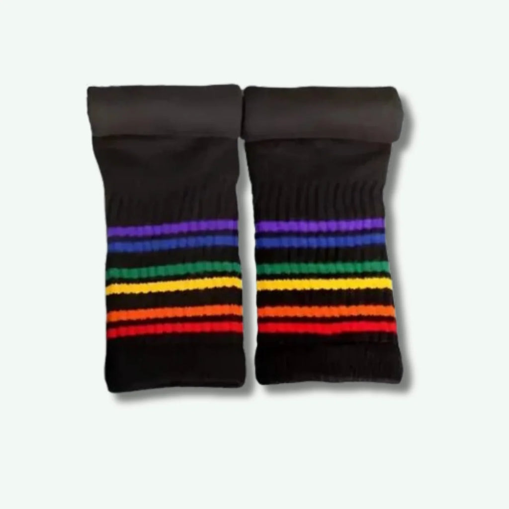 Pair of black socks with rainbow striped pattern on a white background