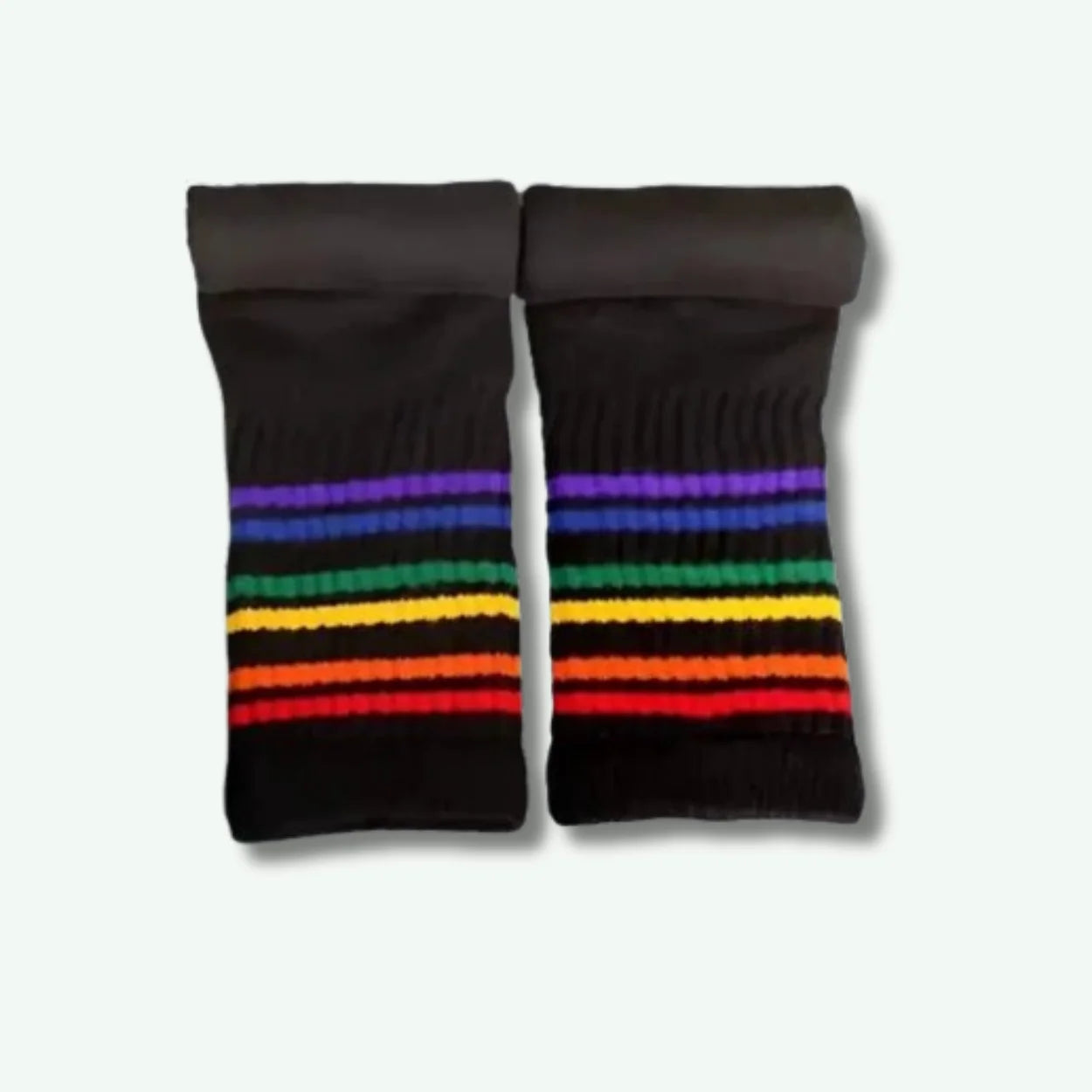 Pair of black socks with rainbow striped pattern on a white background