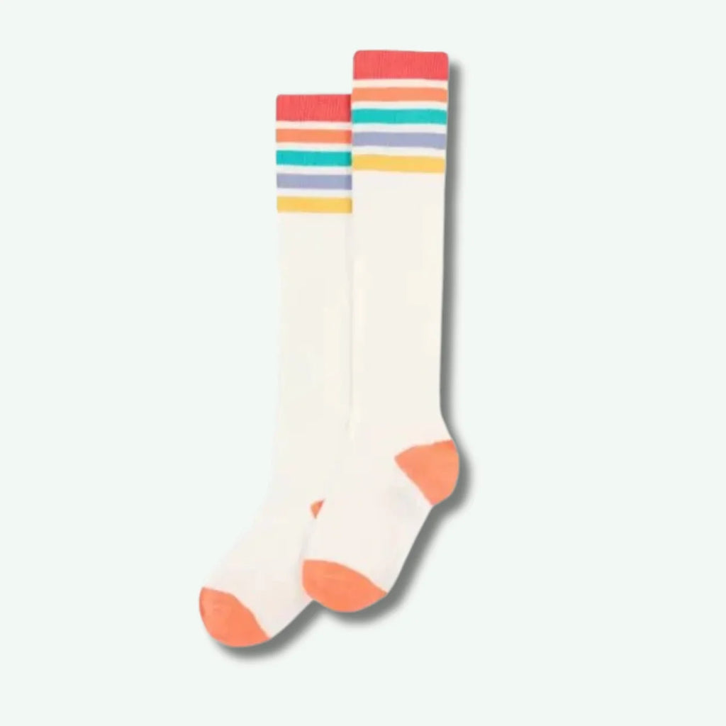 Colorful striped socks on a light gray background
