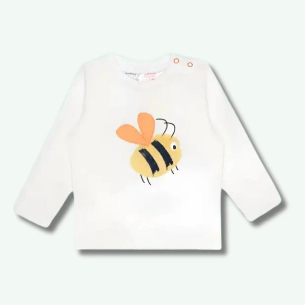 White long-sleeve shirt with a bee design on a white background