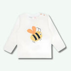 White long-sleeve shirt with a bee design on a white background