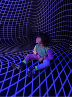 Person sitting on a grid-like floor with a wavy pattern, wearing colorful clothing.