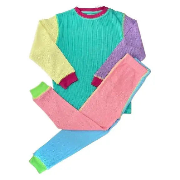 Colorful children's pajama set with a long-sleeve top and pants on a white background