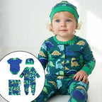 Child wearing a dinosaur-themed outfit with inset images of baby clothing.