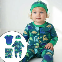 Child wearing a dinosaur-themed outfit with inset images of baby clothing.