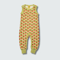 Organic radish print baby romper dungaree in citron with bright chartreuse trim, DUNS Sweden – organic baby clothes, rompers suit