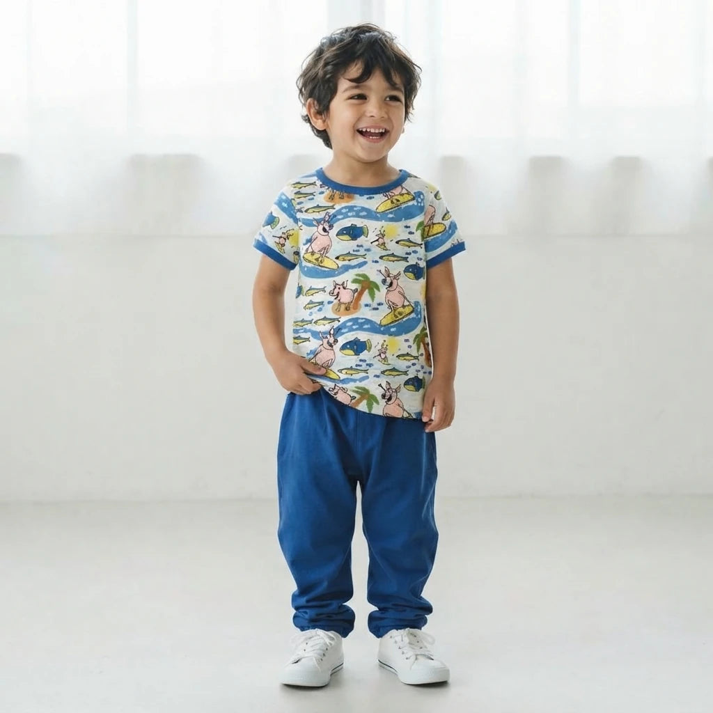 A young boy smiling and posing in a matching two-piece children's outfit. The set features a short-sleeve t-shirt with a colorful cartoon animal and wave pattern on a cream background, paired with solid blue jogger pants and white sneakers, set against a bright, minimalist white background.