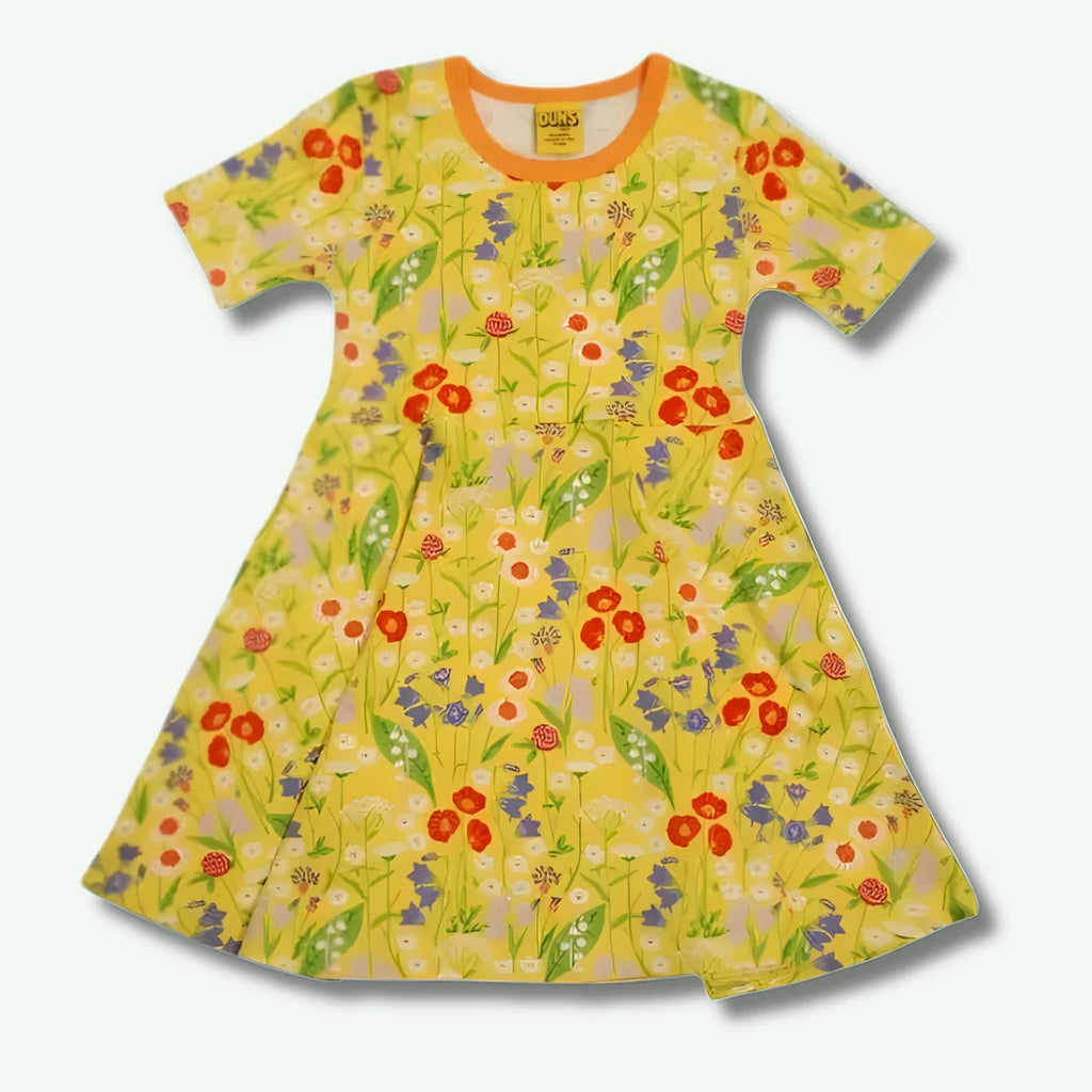 Yellow dress with floral pattern on a white background