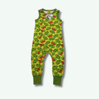Children's overalls with a green and red pattern on a white background